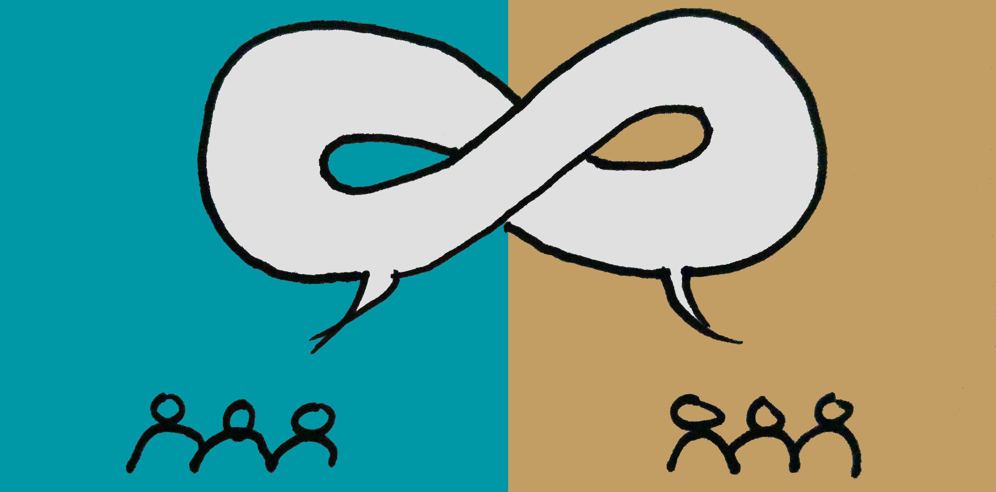 Illustration d'un débat sans fin, ou 2 groupes affrontent leurs arguments sans s'ecouter mutuellement