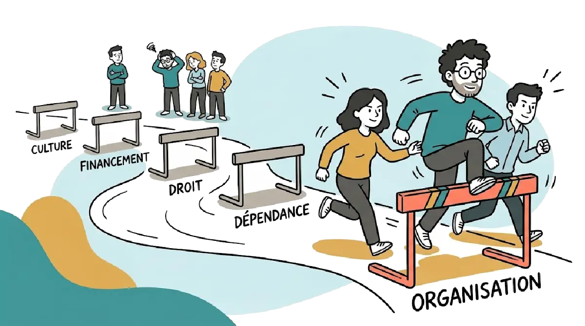 Une course de haies : les haies culture, financement, droit et dépendance sont derrière, une équipe franchit ensemble la dernière haie, organisation