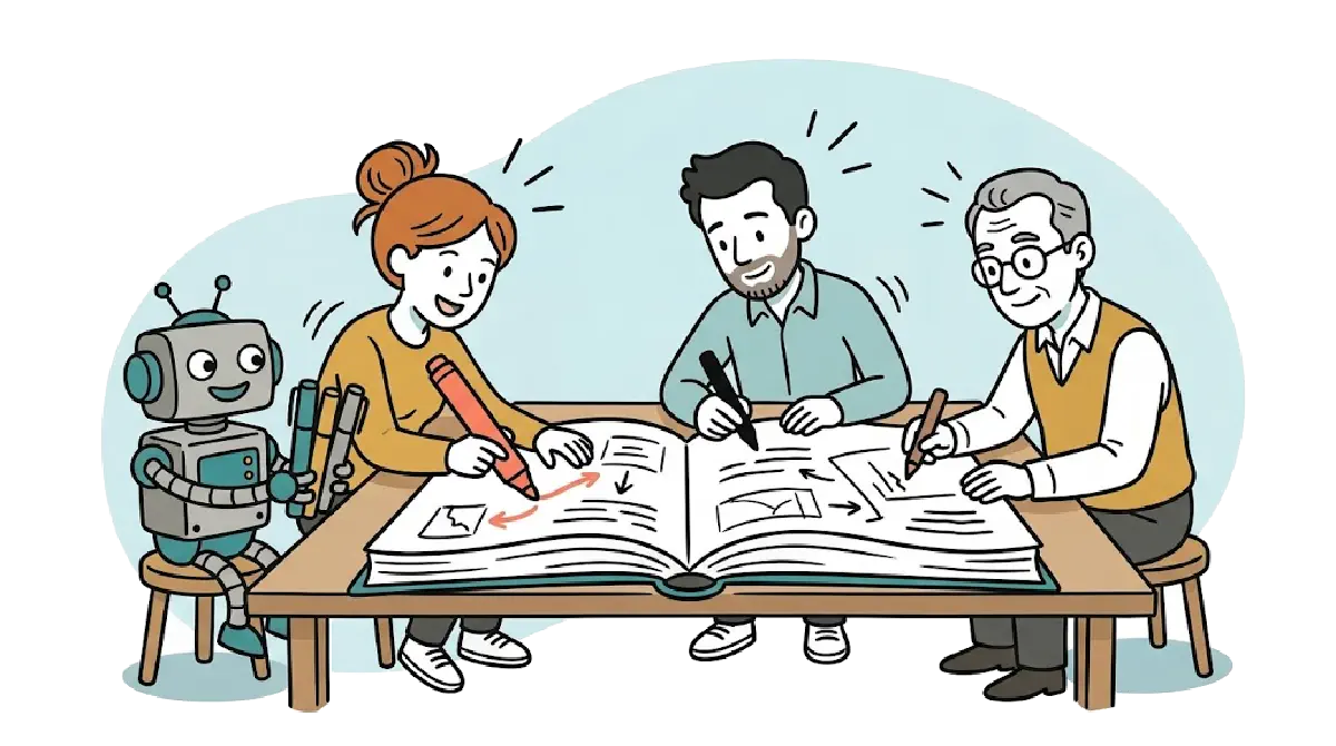 Une équipe et un petit robot écrivent et dessinent ensemble dans un grand livre ouvert
