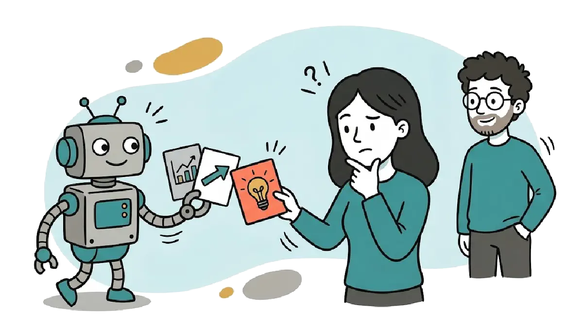 Un robot tend des propositions à une femme qui réfléchit avant de choisir, sous le regard d'un collègue