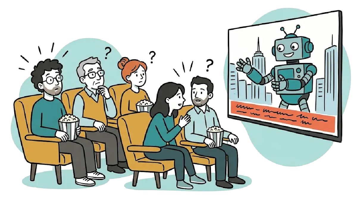 Des spectateurs perplexes, pop-corn à la main, regardent un robot sur fond de gratte-ciel américains projeté sur un écran