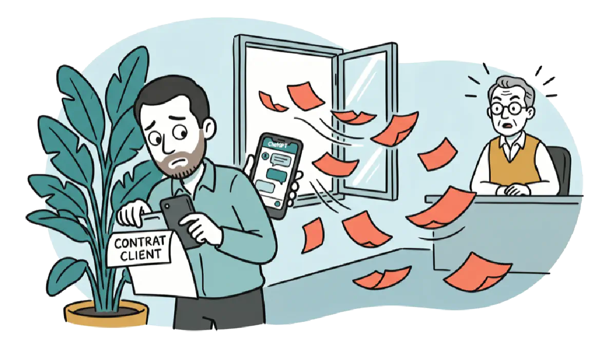 Un salarié colle un contrat client dans un chatbot sur son téléphone, les pages s'envolent par la fenêtre sous le regard inquiet de son responsable