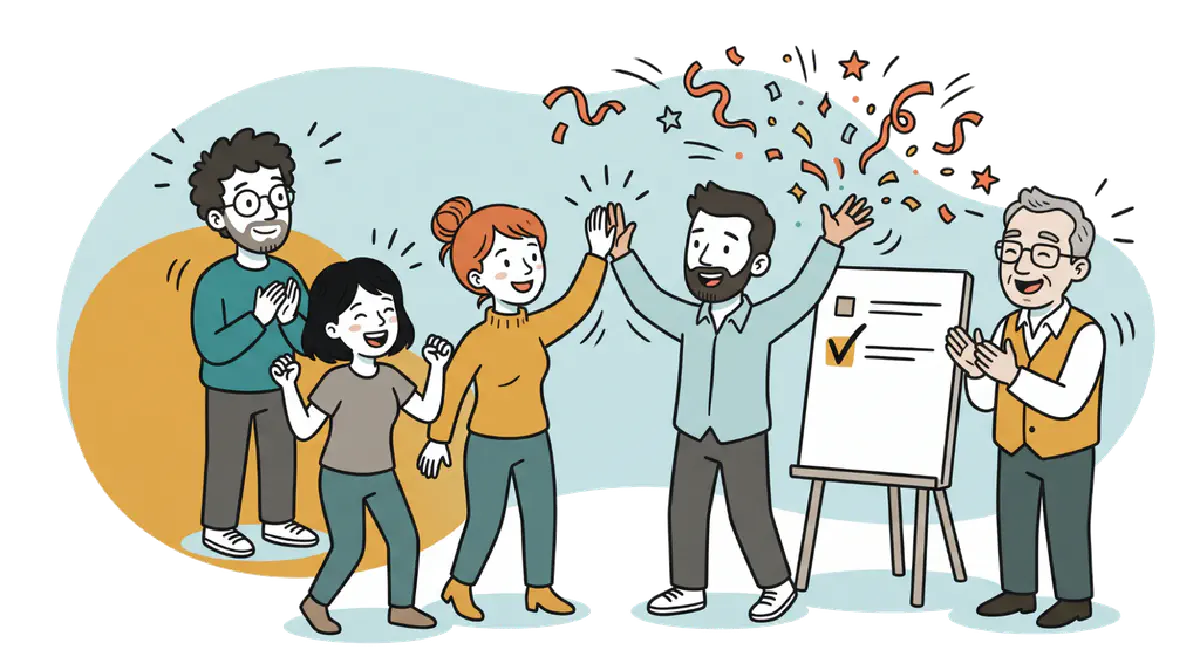 Une équipe célèbre une tâche cochée sur un paperboard : applaudissements, high five et confettis