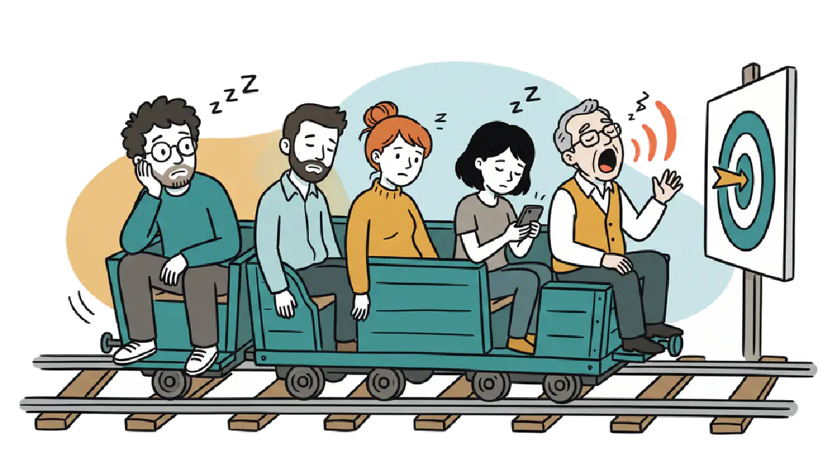 Une équipe somnole dans des wagonnets qui avancent seuls sur des rails vers une cible, pendant que le responsable crie dans le vide