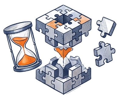 Illustration d'un cube rigide en pièces de puzzle qui s'effrite avec le temps, à côté d'un sablier