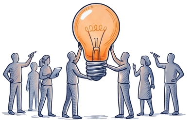 Illustration d'un groupe de personnes tenant ensemble une ampoule allumée