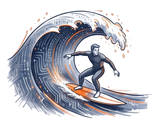 Illustration d'un surfeur chevauchant une vague numérique faite de circuits et de code