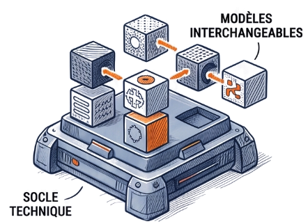 Illustration de modules interchangeables s'emboîtant sur un socle technique commun