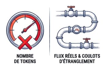 Illustration comparant un compteur de nombre de tokens barré d'une croix à un système de tuyauterie représentant les flux réels et les goulots d'étranglement