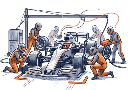 Illustration d'une équipe de mécaniciens changeant simultanément les pneus d'une voiture de course lors d'un arrêt aux stands