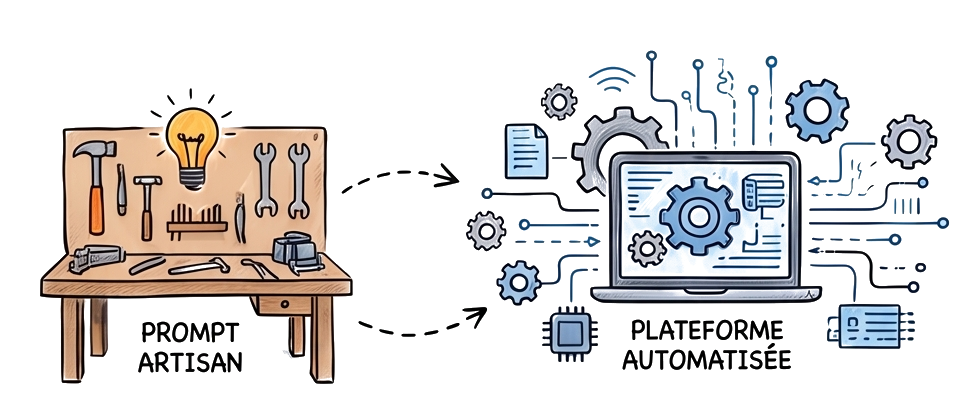 Illustration d'un établi d'outils artisanaux à côté d'un ordinateur portable entouré d'engrenages représentant une plateforme automatisée