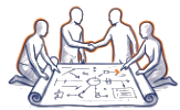 Illustration de quatre personnes se serrant la main autour d'un plan de travail