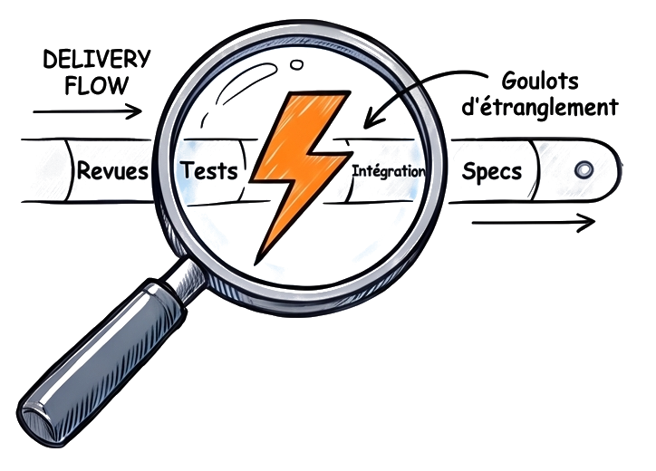 Illustration d'une loupe examinant un flux de delivery (specs, revues, tests, intégration) pour repérer un goulot d'étranglement